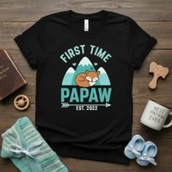 First Time Papaw Est. 2022 t-shirt with a cute sleeping fox and mountains graphic