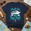 First Trip on a Big Ship t-shirt design featuring a cruise ship, dolphins, and anchor graphic with nautical compass
