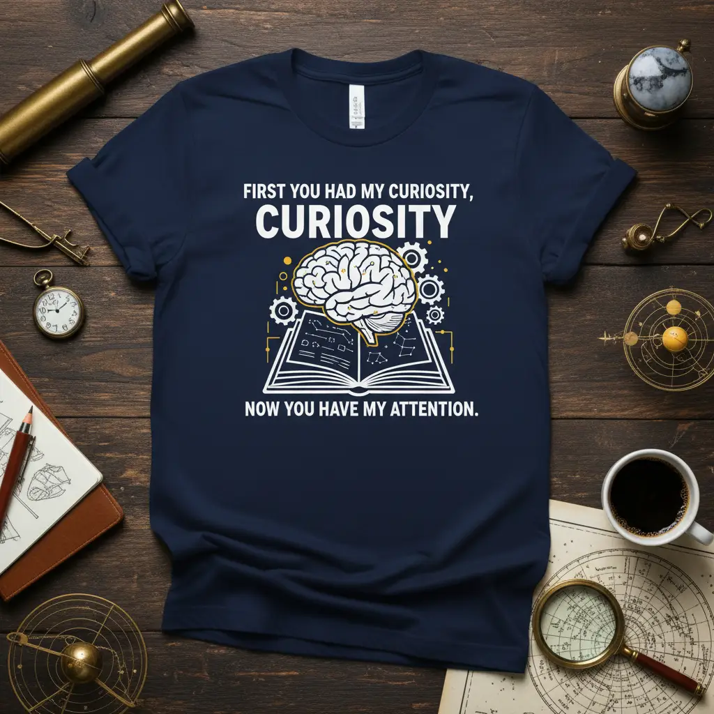 First You Had My Curiosity, Curiosity Now You Have My Attention quote with brain and book graphic on t-shirt
