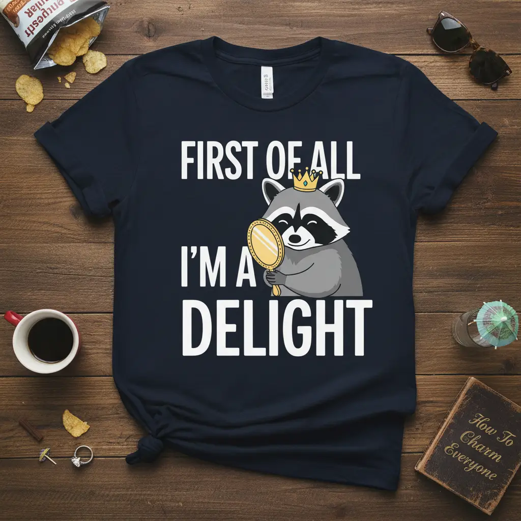 FIRST OF ALL I'M A DELIGHT quote on a t-shirt with a crowned raccoon holding a mirror, playful design