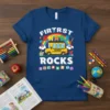 Firtrst Grade Rocks t-shirt design with a yellow school bus, rainbow, books, and numbers 1-8