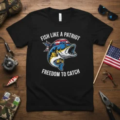 Fish Like A Patriot Freedom To Catch t-shirt with a bass wearing an American flag bandana