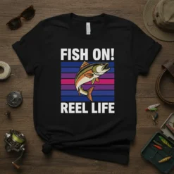 "Fish On! Reel Life" text with a jumping fish graphic on a black t-shirt, ideal for fishing enthusiasts