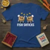Fish Shticks t-shirt design with two cartoon matzah balls wearing hats and small fish, text reads FISH SHTICKS