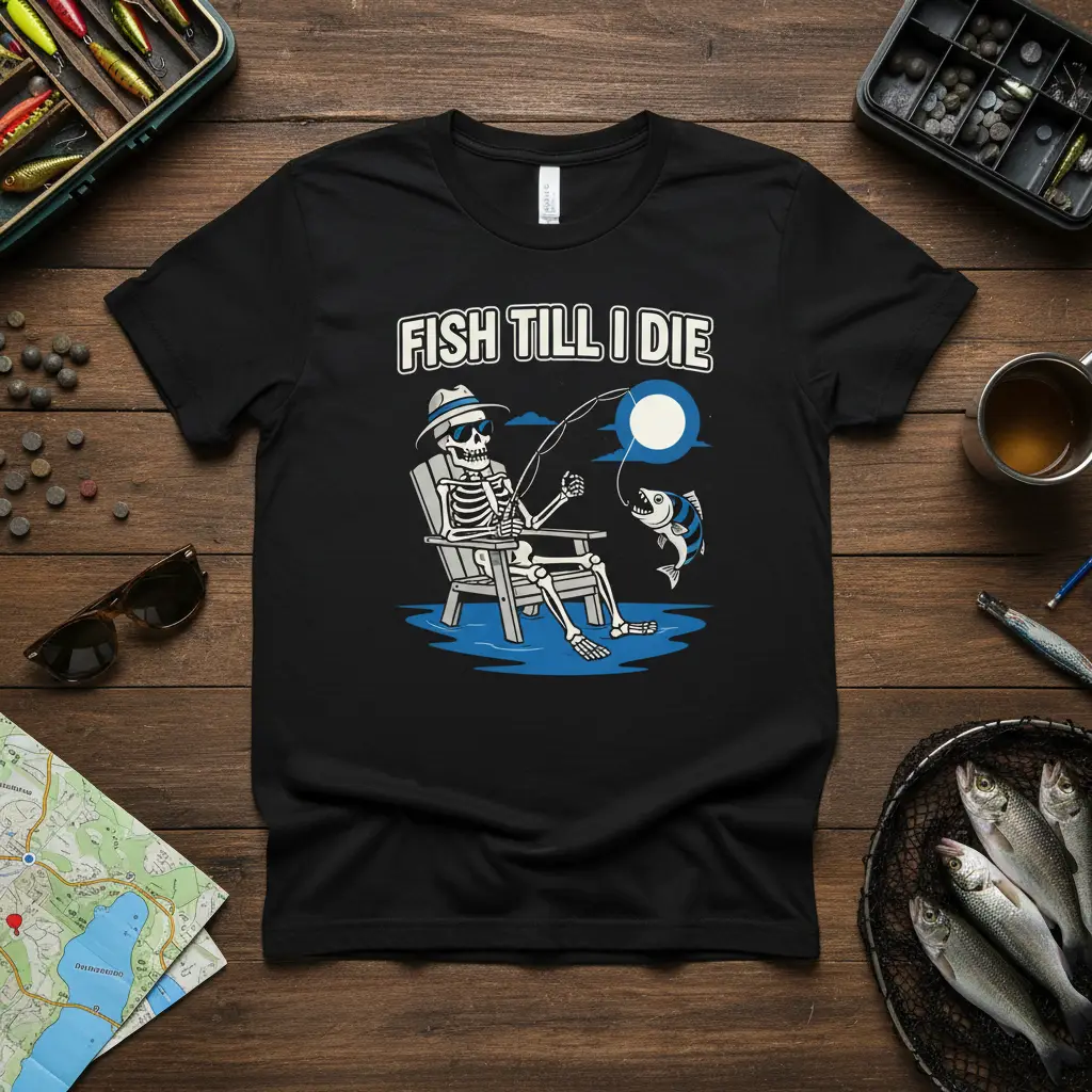 Fish Till I Die Skeleton Fishing T-Shirt Funny Angler Gift