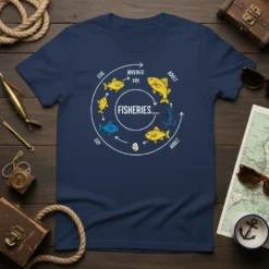 Fisheries life cycle diagram t-shirt design featuring stages from egg to adult fish with text "FISHERIES...." in the center