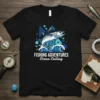 Fishing Adventures Ocean Calling t-shirt design featuring a leaping tuna and ocean waves with abstract geometric patterns
