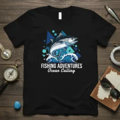 Fishing Adventures Ocean Calling t-shirt design featuring a leaping tuna and ocean waves with abstract geometric patterns