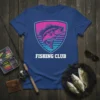 FISHING CLUB t-shirt design featuring a vibrant bass fish graphic within a shield, set against a retro gradient background