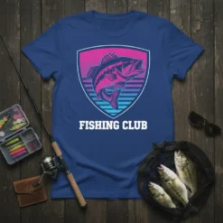 FISHING CLUB t-shirt design featuring a vibrant bass fish graphic within a shield, set against a retro gradient background