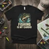 Black t-shirt with "FISHING IS MY CARDIO" text and a graphic of a bass fish jumping through water waves