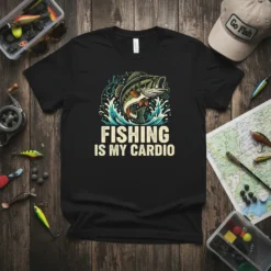 Black t-shirt with "FISHING IS MY CARDIO" text and a graphic of a bass fish jumping through water waves