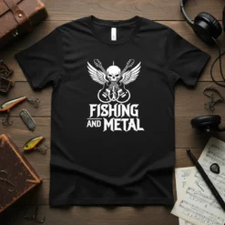 Fishing And Metal T-Shirt with skull, wings, and crossed guitars graphic design