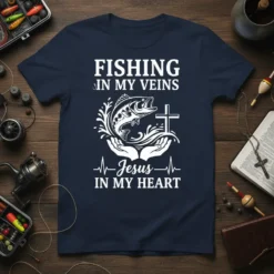 Fishing In My Veins Jesus In My Heart quote with fish and cross design on navy t-shirt