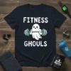 Fitness Ghouls t-shirt with a cute ghost lifting weights, white text on black shirt