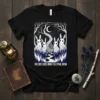 Black t-shirt with white and blue gothic design: "FIVE LOST SOULS UNDER THE SPIRAL MOON" above mystical bunnies in a