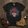 Fix Your Hearts Or Die quote on a black t-shirt with a mechanical heart graphic and lightning accents