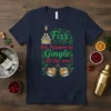 Navy t-shirt with "Fizz the Season to Gingle all the Way" text, champagne tower, and whiskey glasses, festive Christmas holiday