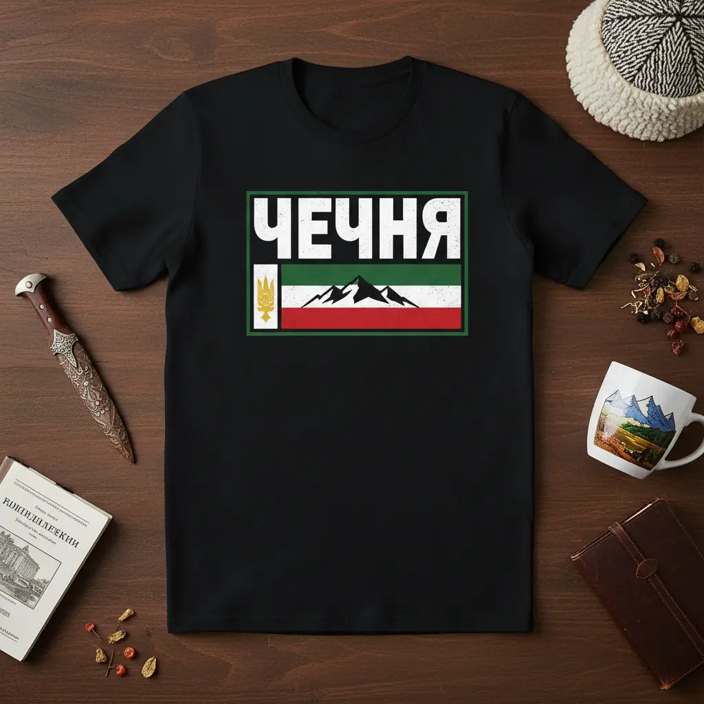 Black t-shirt showcasing the 'Чечня' text and flag design with mountains, perfect for Caucasian heritage pride