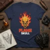 Flame Skull T-Shirt design featuring a yellow skull engulfed in red and orange flames with "FLAME SKULL" text below