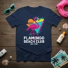 Flamingo Beach Club Est 1980 retro design t-shirt with pink flamingo and geometric shapes