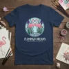 Flamingo Dreams Water Garden Collection t-shirt featuring two pink flamingos in a heart shape within a circular water garden design