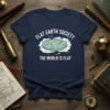 Flat Earth Society The World Is Flat text on a navy t-shirt with a flat earth map graphic