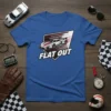 Blue t-shirt with "FLAT OUT" text and a dynamic racing car graphic in white, red, and black