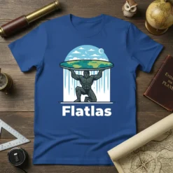 Flatlas T-Shirt featuring a muscular figure holding a flat earth disc against a blue sky background
