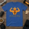 Flex Train Purr text with a muscular cartoon cat flexing on a blue t-shirt