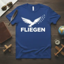 Blue t-shirt with white "FLIEGEN" text and a white dove with flock of birds graphic