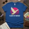 Flight of Fantasy text with a yellow cockatiel bird flying against a pink and purple sunset graphic on a blue