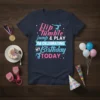 Navy t-shirt with pink and blue text "Flip Tumble Jump & PLAY I'M CELEBRATING MY Birthday TODAY" and gymnastics graphics