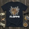 Floppa text and caracal cat head design on a navy t-shirt, popular internet meme apparel
