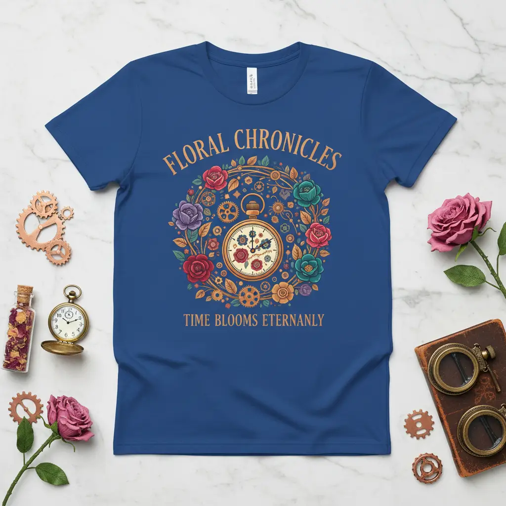 Floral Chronicles Time Blooms Eternally text on a t-shirt with a steampunk-inspired floral clock graphic
