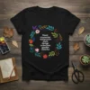 Black t-shirt featuring a circular design with text: floral elemental watercolor style design collection garden colorful, surrounded by colorful floral