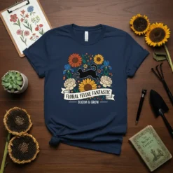 Navy t-shirt featuring a black cat surrounded by sunflowers, roses, and blue irises with "Floral Feline Fantastic Bloom & Grow"