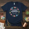 Floral Harmony Bloom & Grow EST. 2023 text within a floral wreath on a navy blue t-shirt