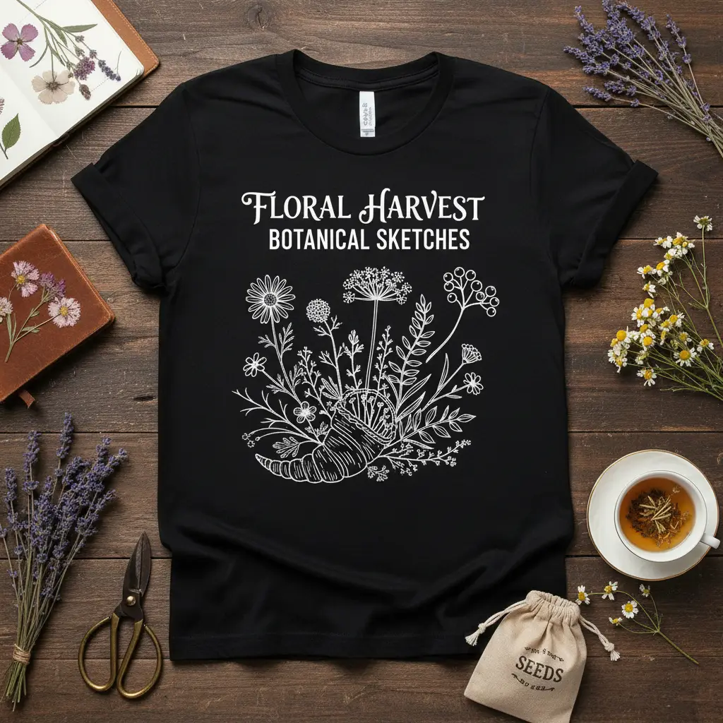 Floral Harvest Botanical Sketches design featuring white line art of wildflowers and botanical elements on a black tee
