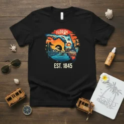 Florida Est 1845 t-shirt design featuring a vintage sunset over water with palm trees and the outline of Florida