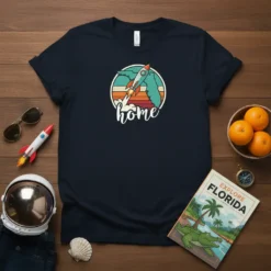 Florida Home rocket ship design with retro sunset and state outline, on a navy t-shirt