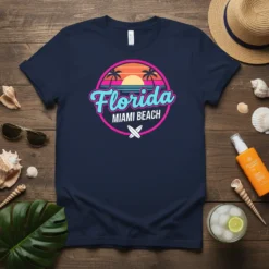 Florida Miami Beach retro sunset t-shirt with palm trees and surfboards graphic