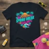 Florida Spring Break Squad text design with palm trees, sunset, hibiscus flowers, and a wave