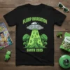 Florp Invasation Earth 2025 t-shirt design with cartoon alien cat, UFO, and green aliens