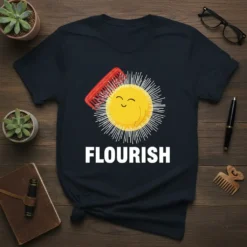 Flourish t-shirt with a smiling sun graphic and a red comb, featuring white text that says FLOURISH