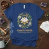 Flower Power Feel the energy inside you quote on a blue t-shirt with a circular floral design