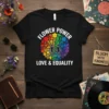 Flower Power Love & Equality t-shirt design featuring a rainbow circle of flowers with two figures holding hands