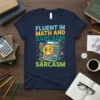 Fluent in Math and Sarcastic Sarcastic quote on a navy t-shirt with a calculator and winking emoji graphic