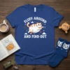 Fluff Around and Find Out text with a cute, plump cat graphic on a royal blue t-shirt