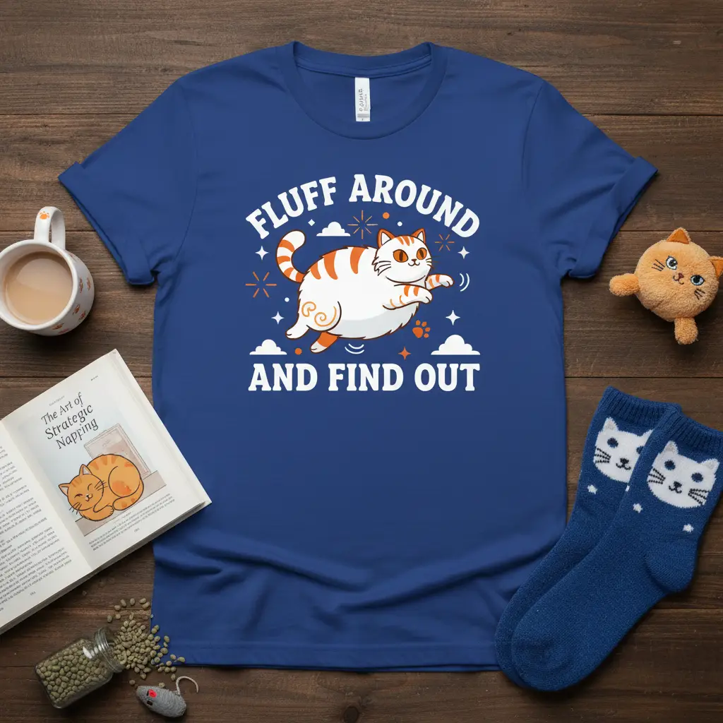 Fluff Around and Find Out phrase with a dynamic cartoon cat illustration on a royal blue t-shirt